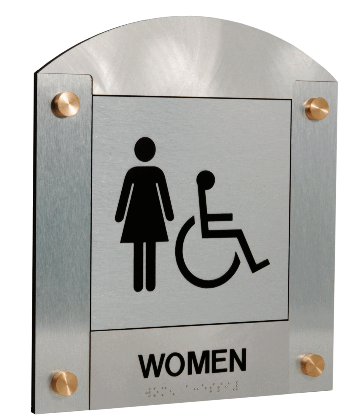 A metallic bathroom sign indicates facilities for women and individuals with disabilities. The sign includes icons of a female figure and a person in a wheelchair, with the word "WOMEN" written below them.